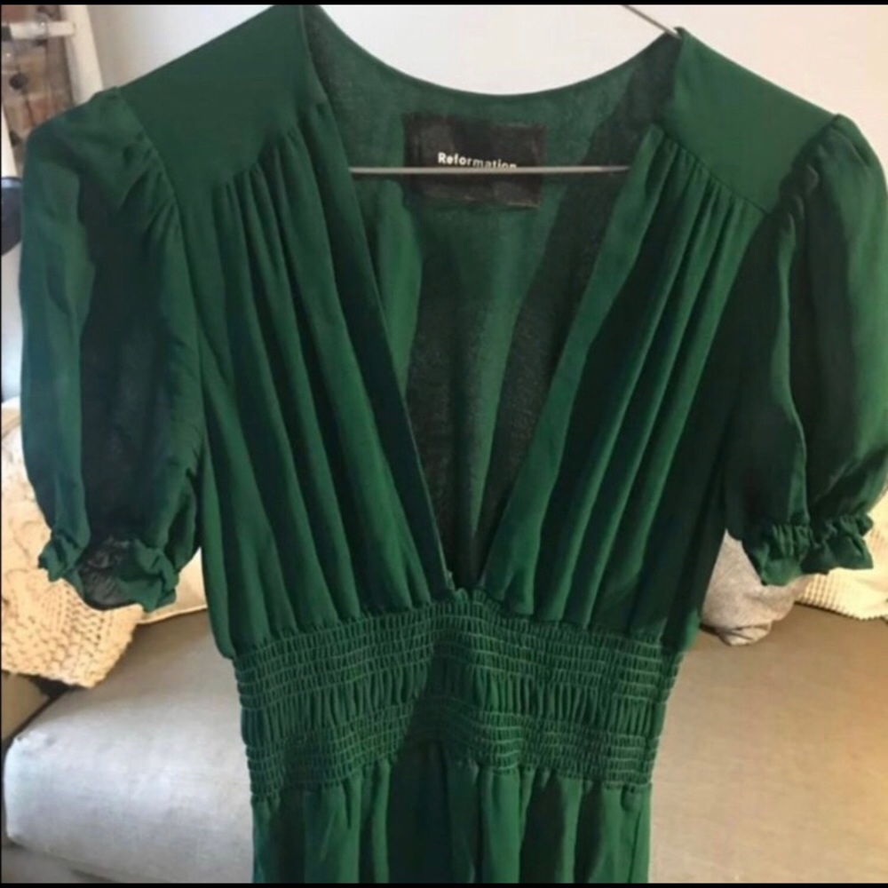 Reformation Green Midi Sundress with Puff Sleeves and Plunge Neckline